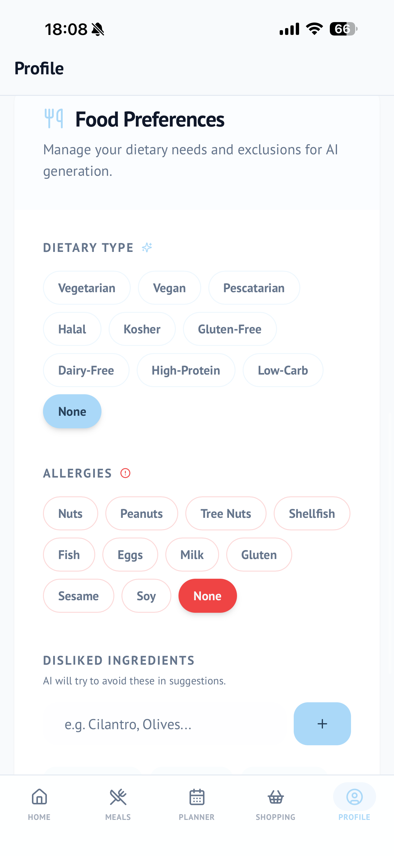 Dietary Preferences screen