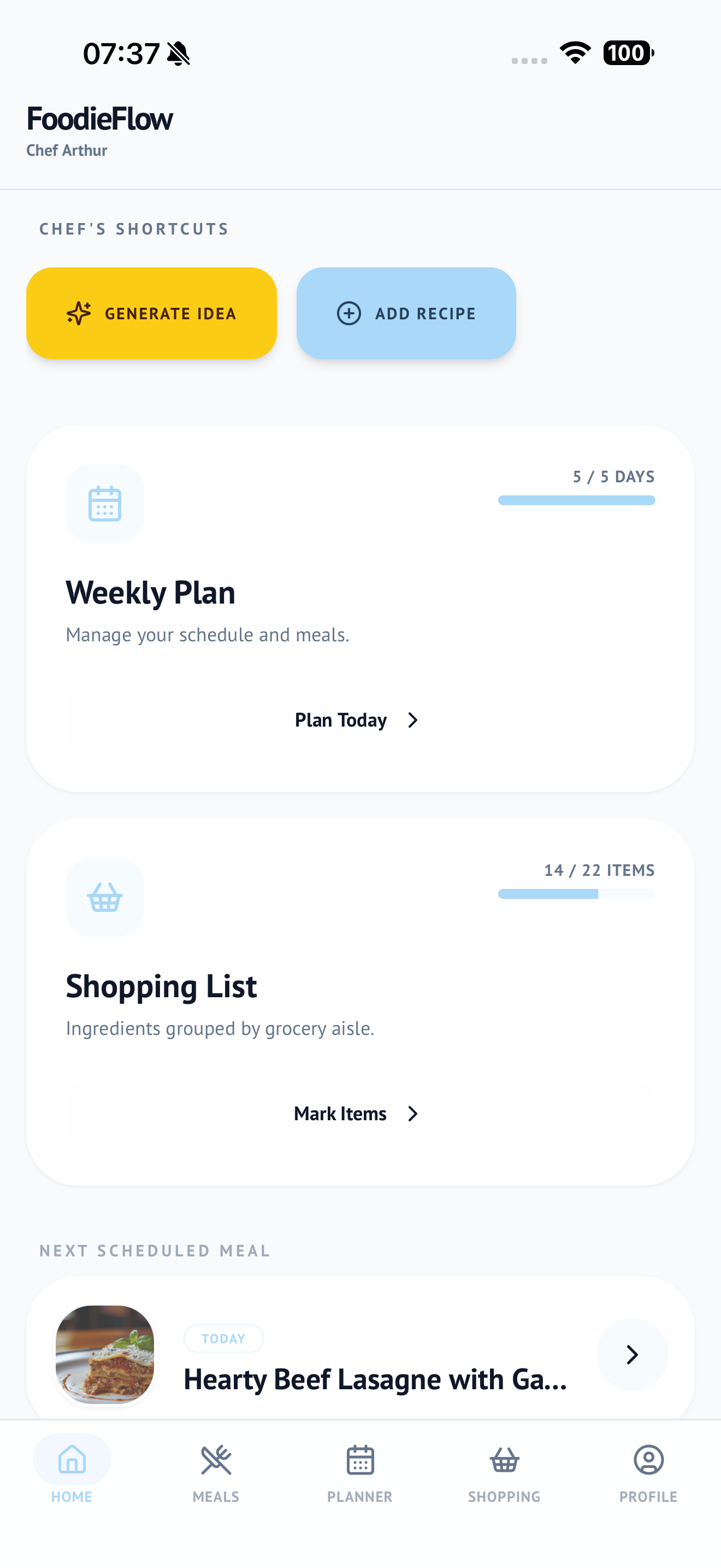 FoodieFlow home screen