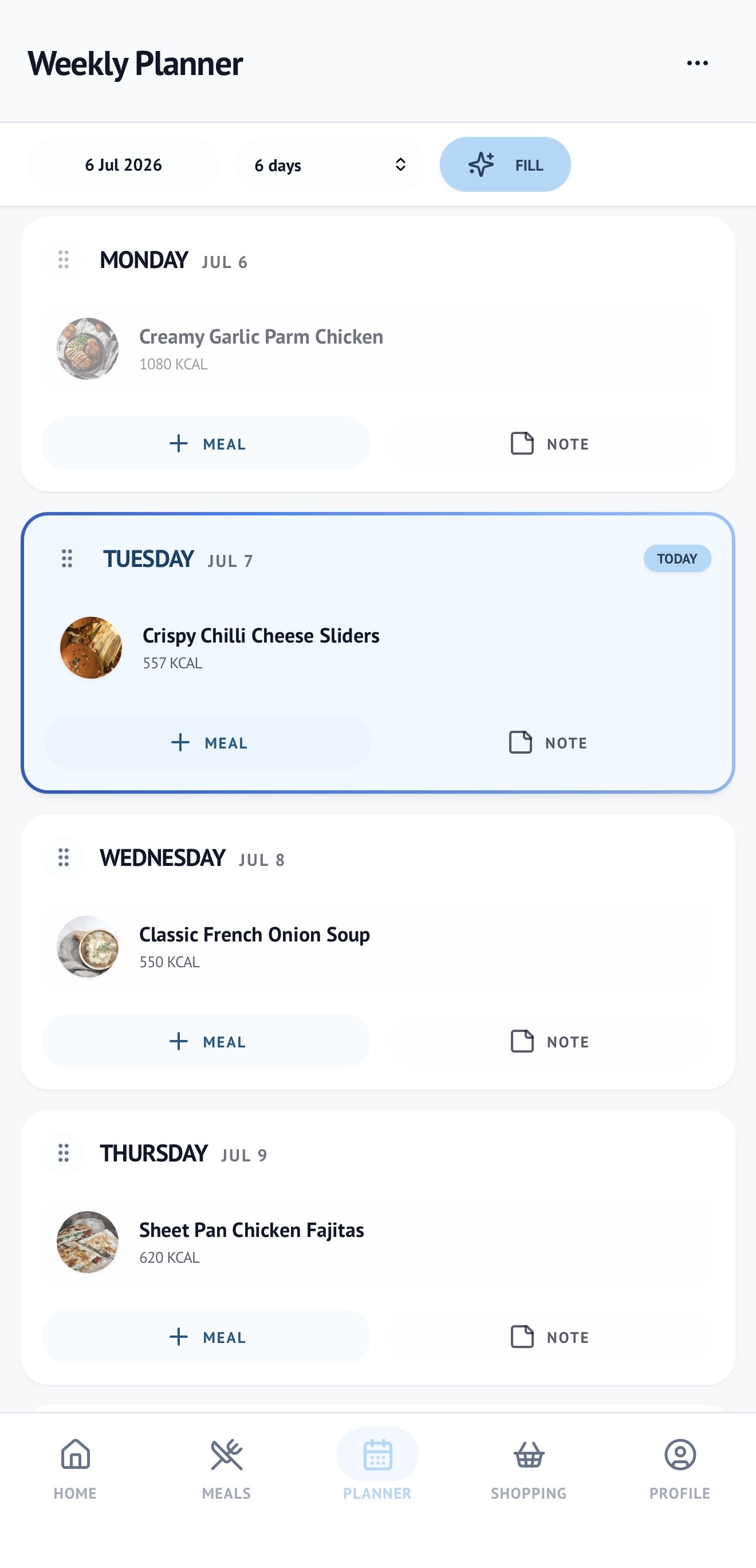 FoodieFlow's weekly meal plan screen showing meals scheduled across the week