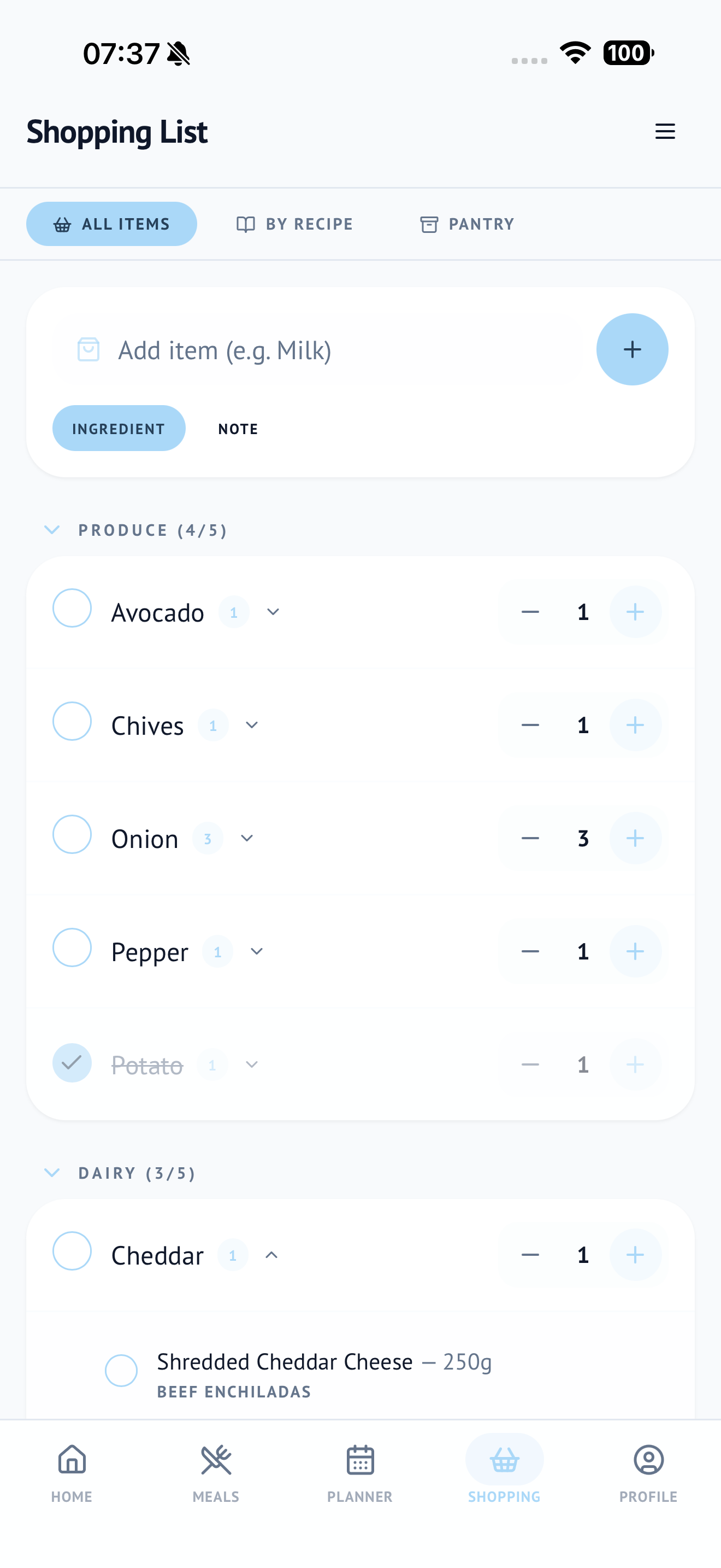 Shopping List screen