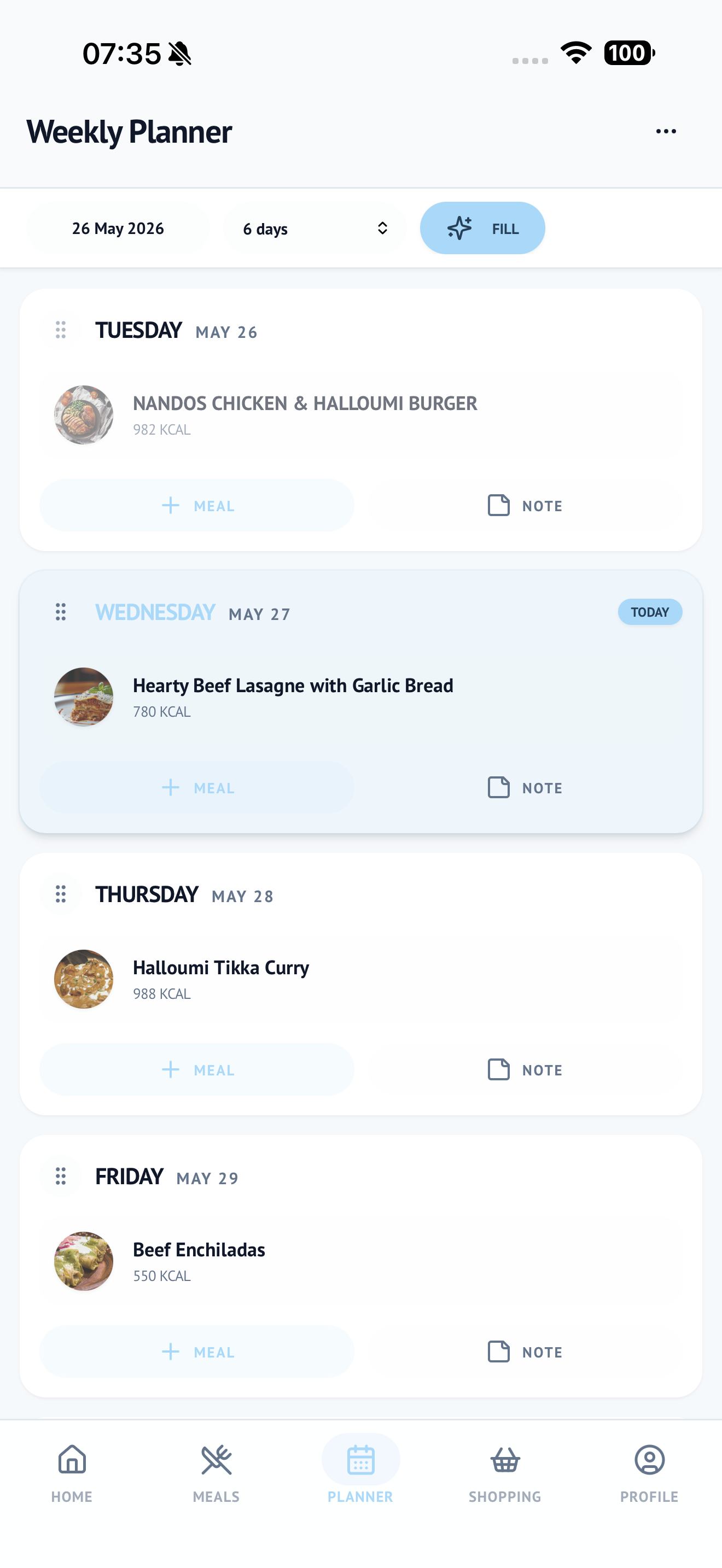 Weekly Planner screen