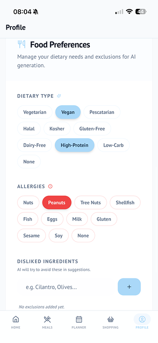 Dietary Preferences screen