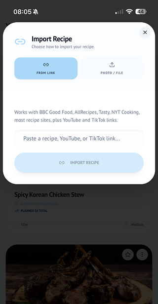 Import Recipe screen