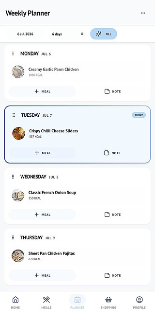 FoodieFlow's weekly meal plan screen showing meals scheduled across the week