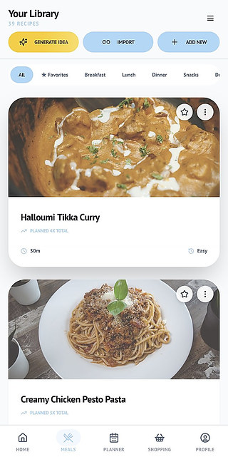 FoodieFlow's recipe box showing saved recipes like Halloumi Tikka Curry and Creamy Chicken Pesto Pasta