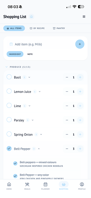 Shopping List screen
