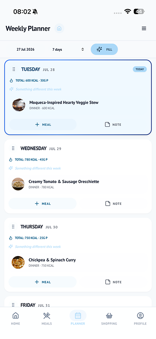 Weekly Planner screen